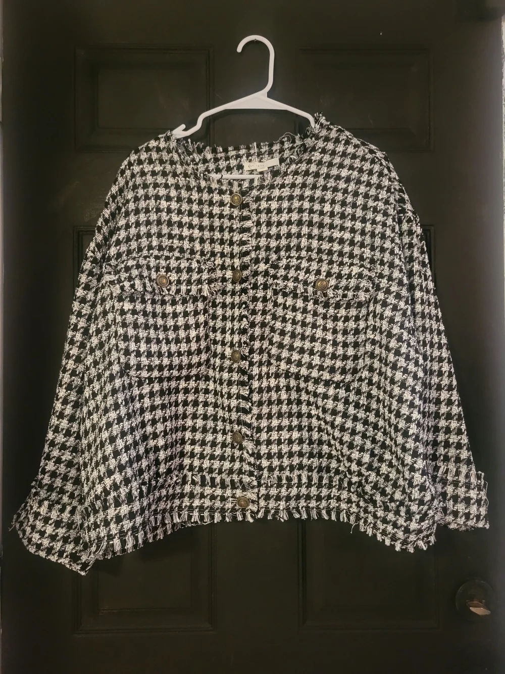 Black & White Houndstooth Tweed Button-Front Jacket